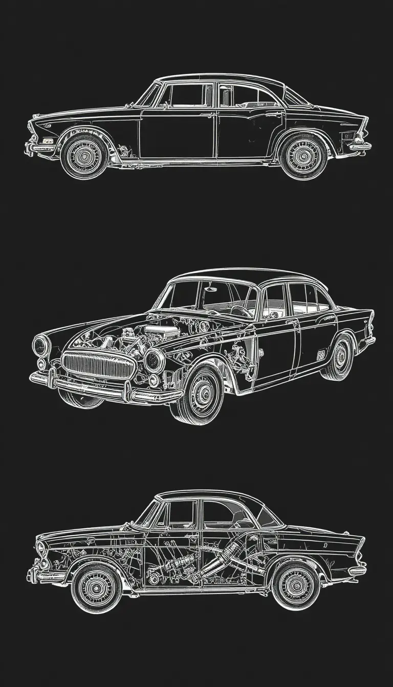 Technical drawing of a vintage car with multi angle views