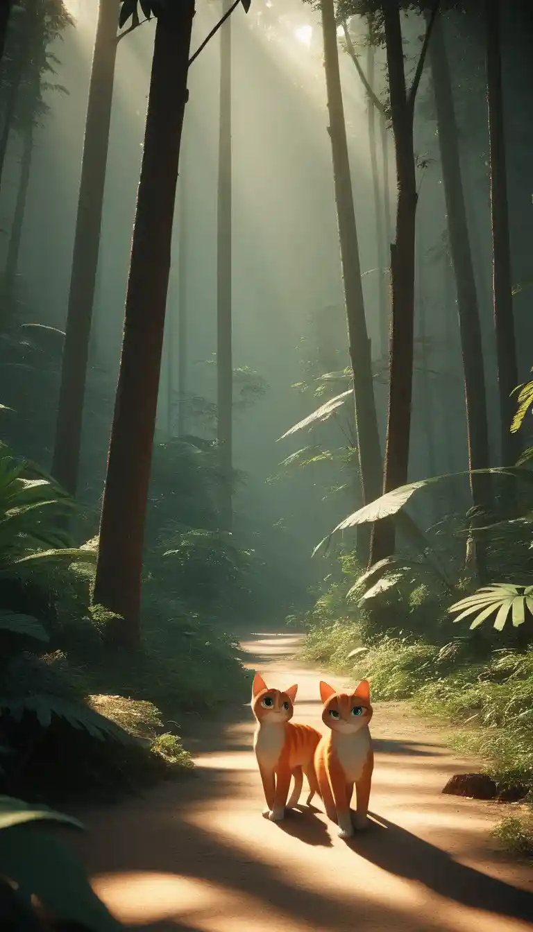 Zwei niedliche 3D-Katzen am Rand eines tropischen Waldes