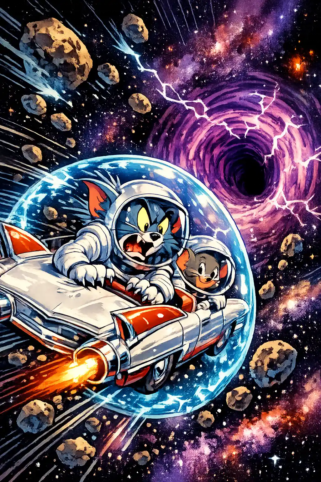 Cartoon cat and mouse racing through outer space chaos