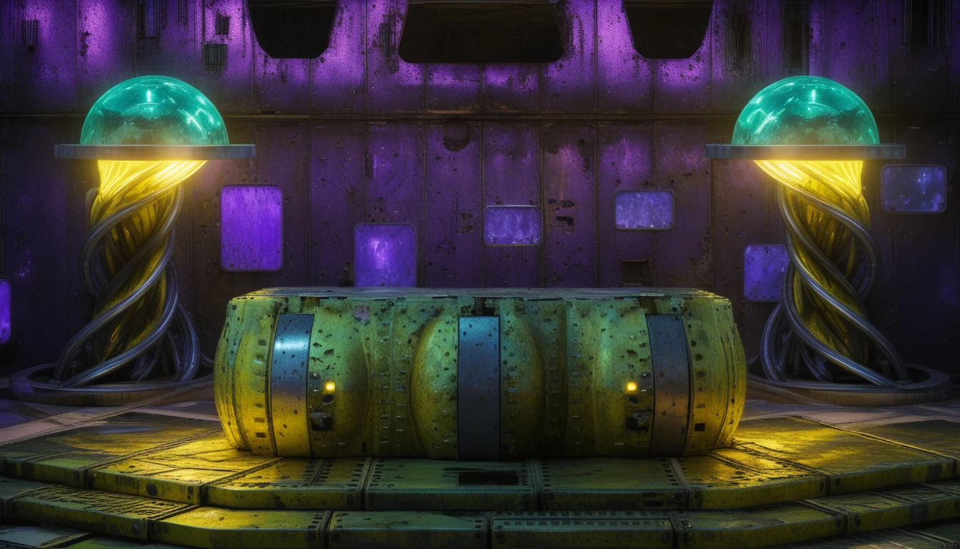 Futuristic Alien Interior With Glowing Metal Table And Orbs