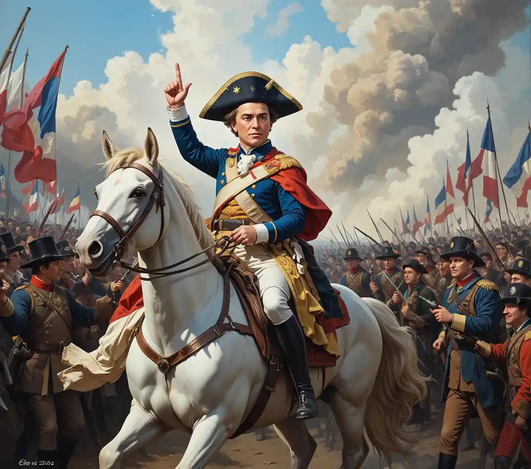 Napoleon on a rearing white horse in dramatic battle scene