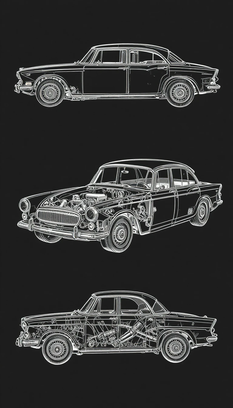 Technical drawing of a vintage car with multi angle views