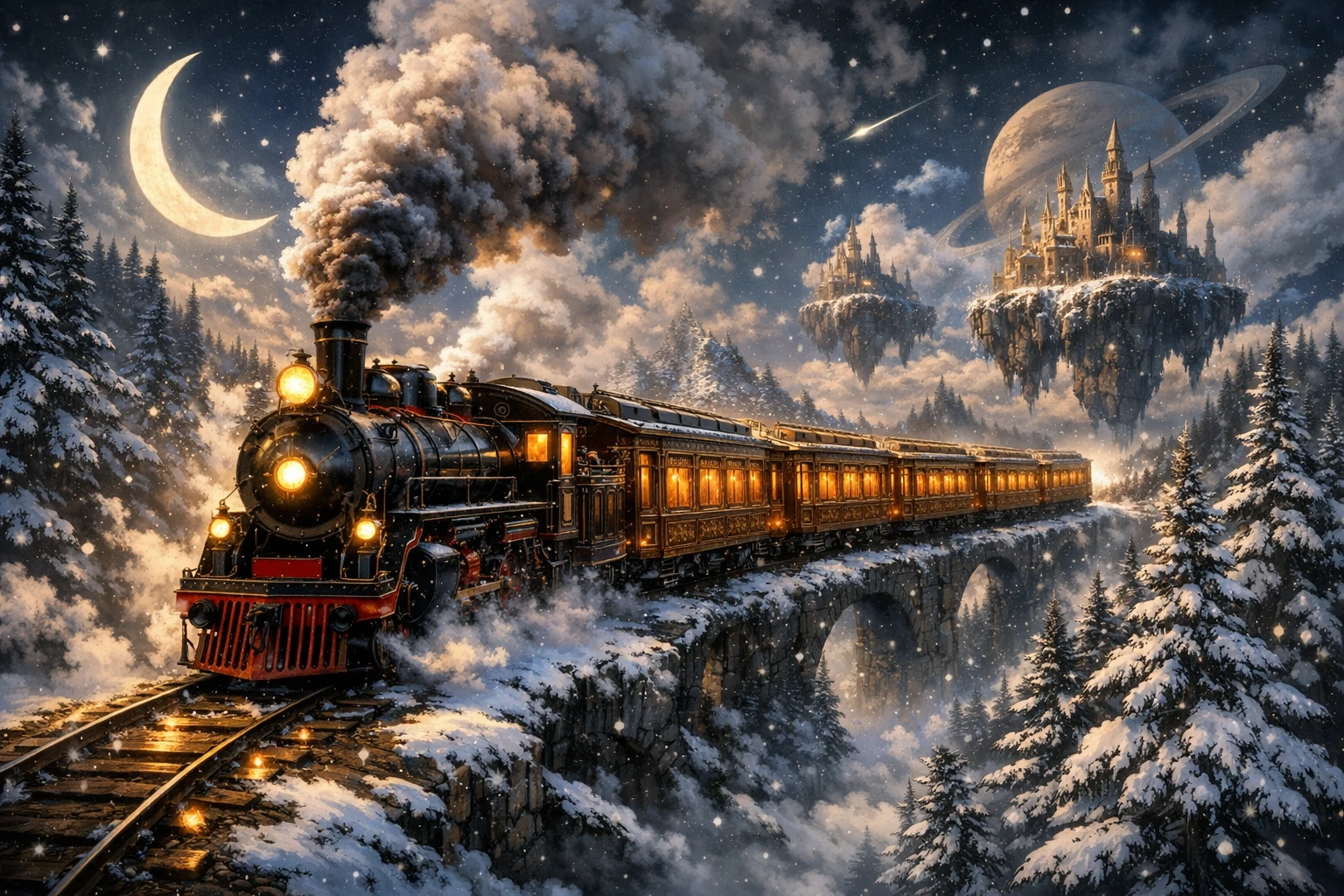 Trem de madeira majestoso cruzando uma paisagem nevada mágica