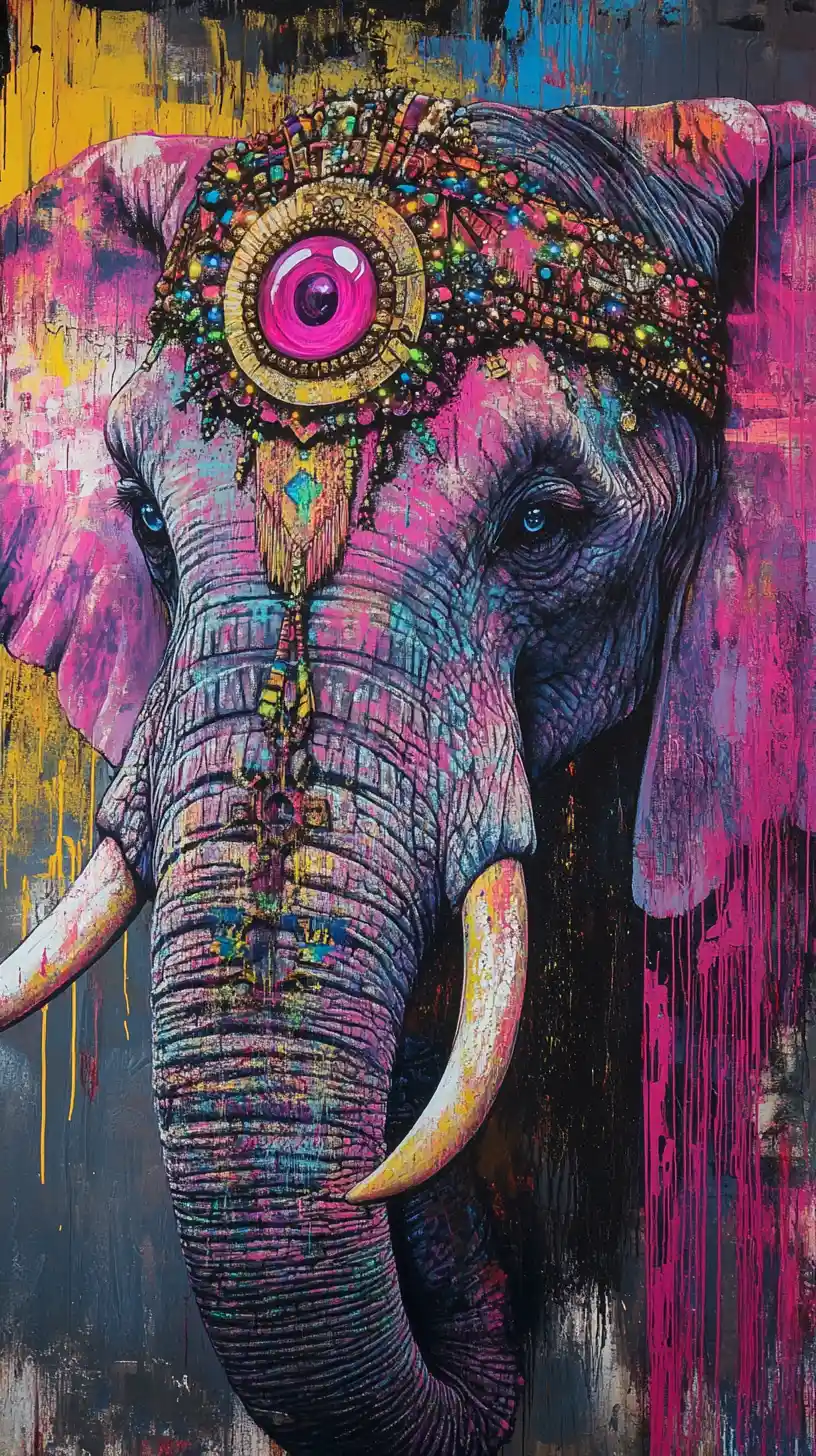 Surreal graffiti elephant portrait with luminous neon eye