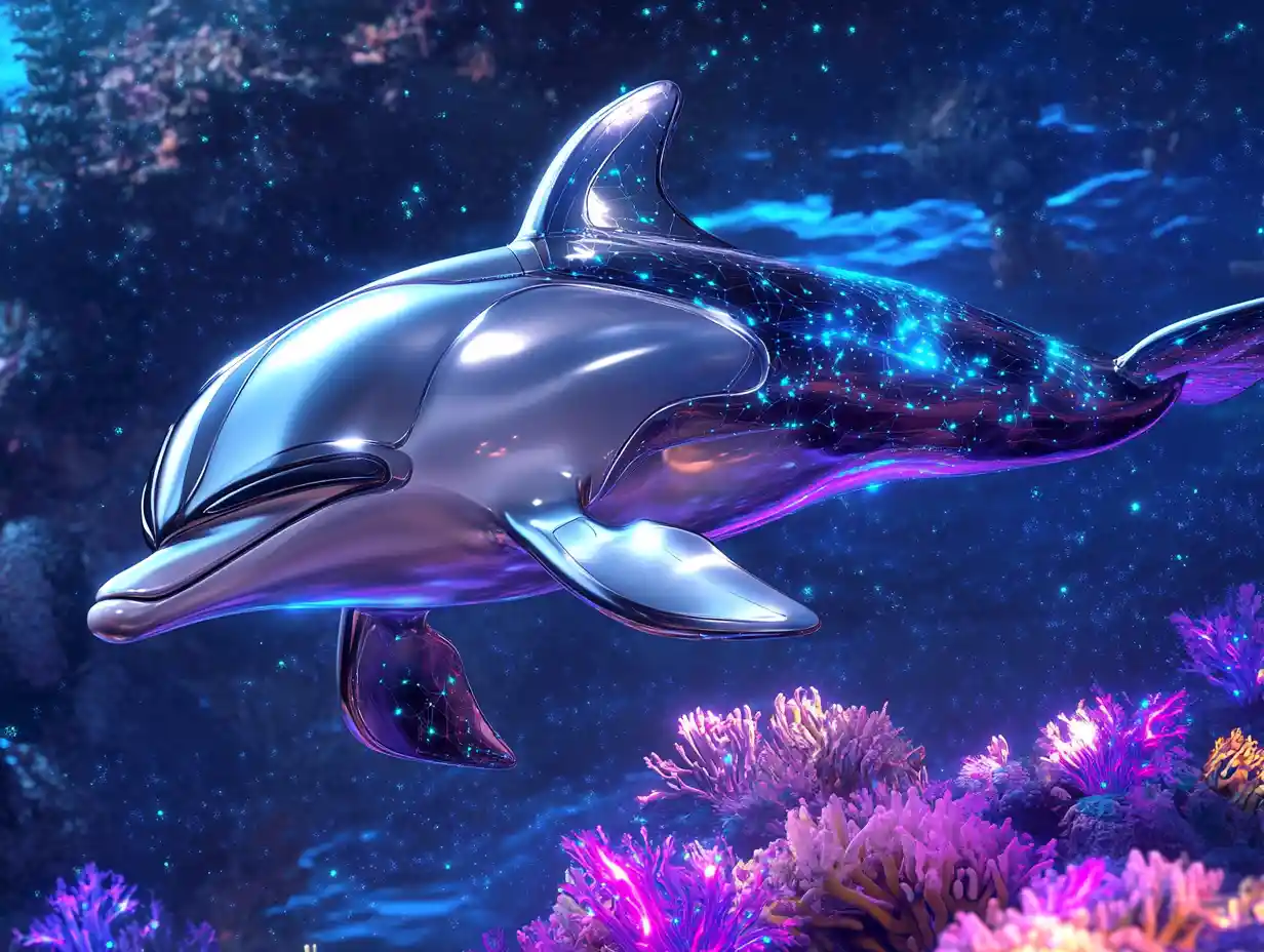 Baby dolphin swimming through glowing tropical coral reef