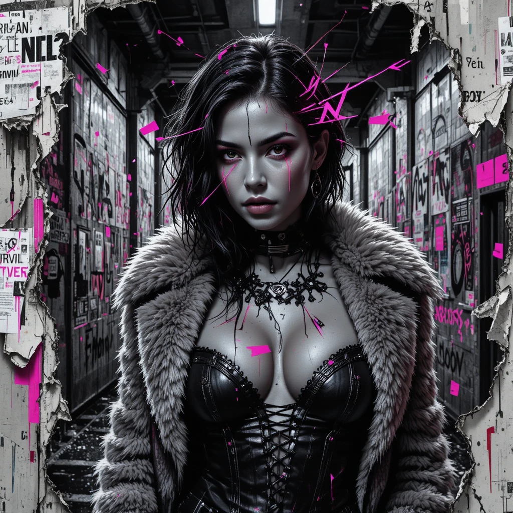 Cyberpunk femme fatale poster in graffiti covered tunnel