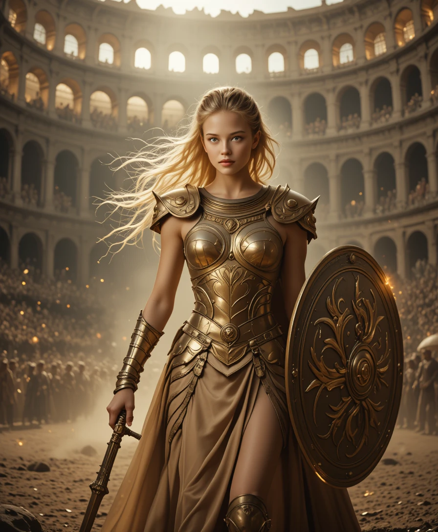 Blonde warrior woman in golden armor in vast arena