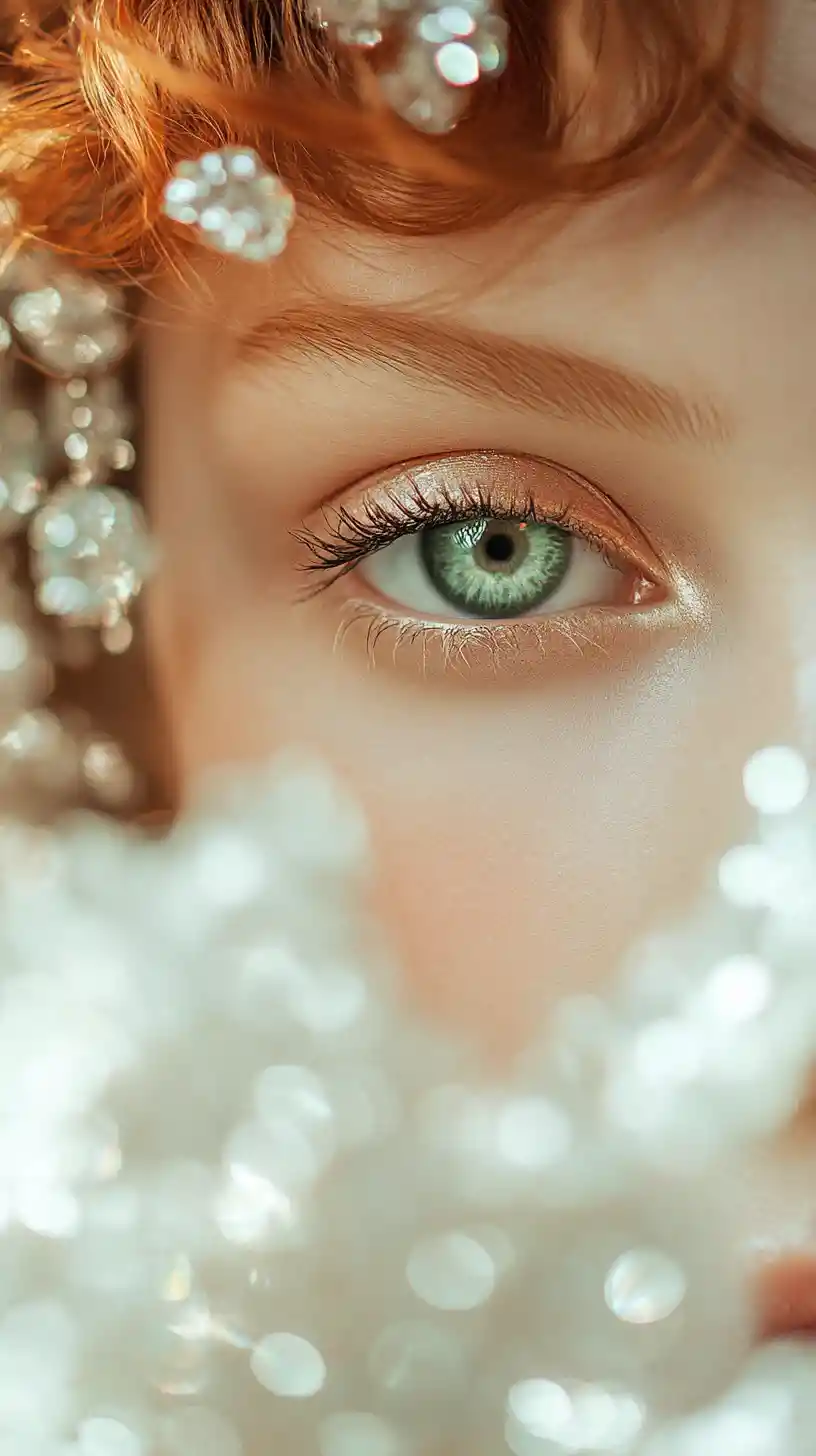 Pearlescent fashion portrait with silky wavy hair and gems
