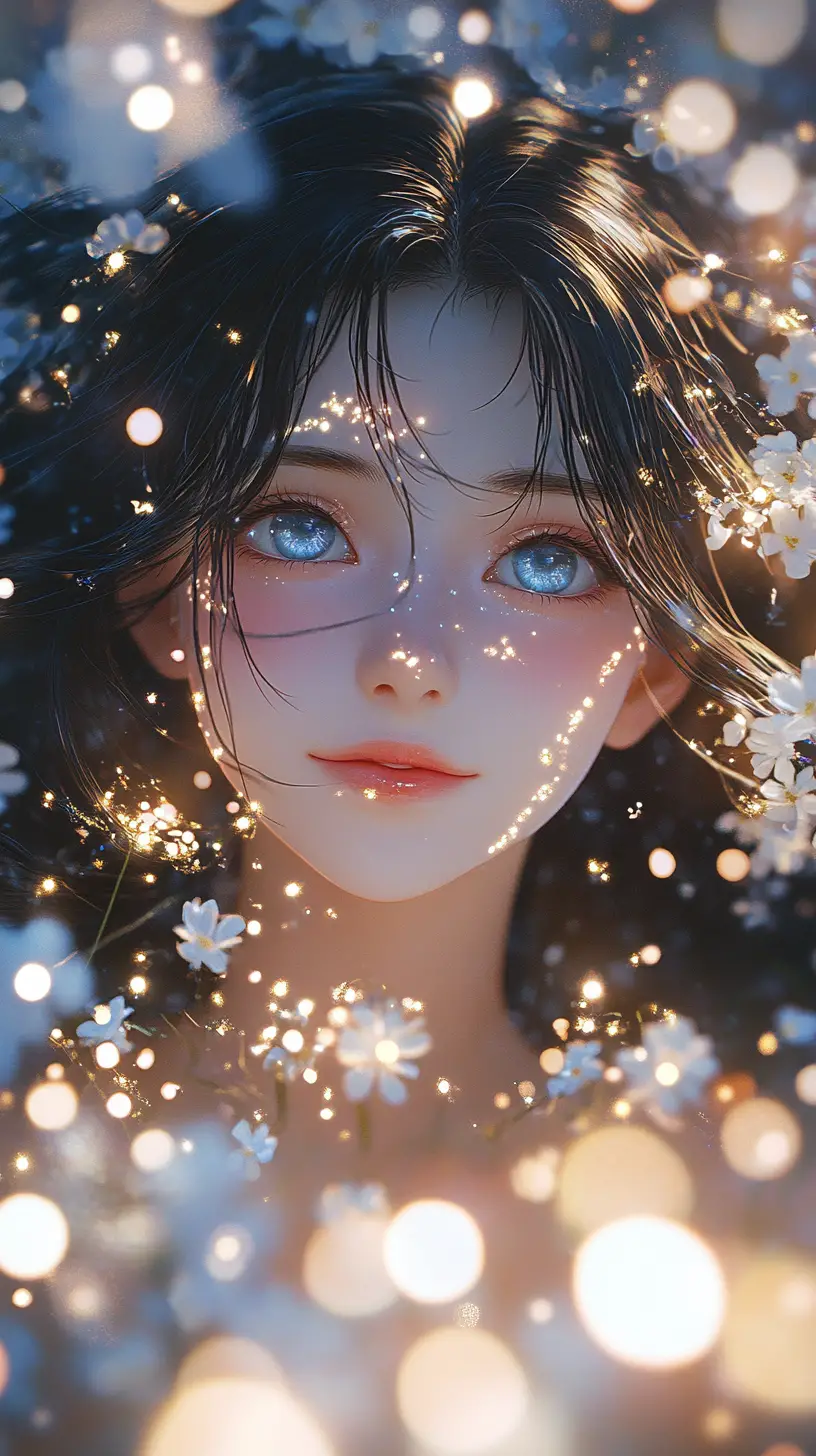 Ragazza anime circondata da luci brillanti e fiori