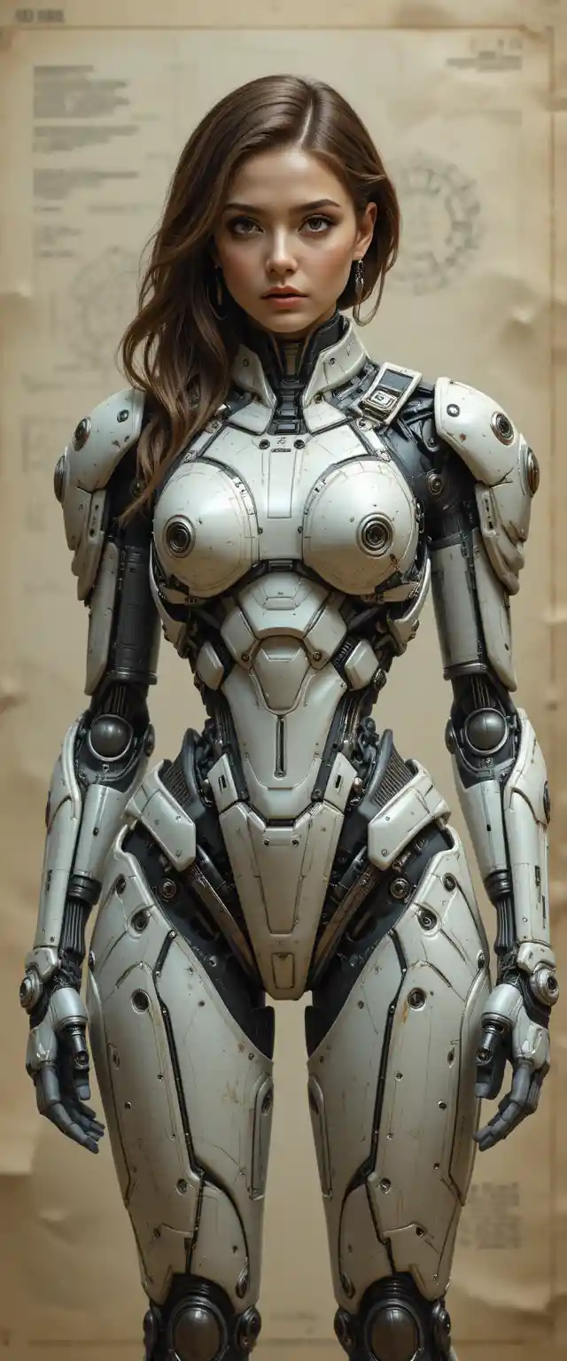 Female mech pilot in biomechanical exosuit front facing portrait