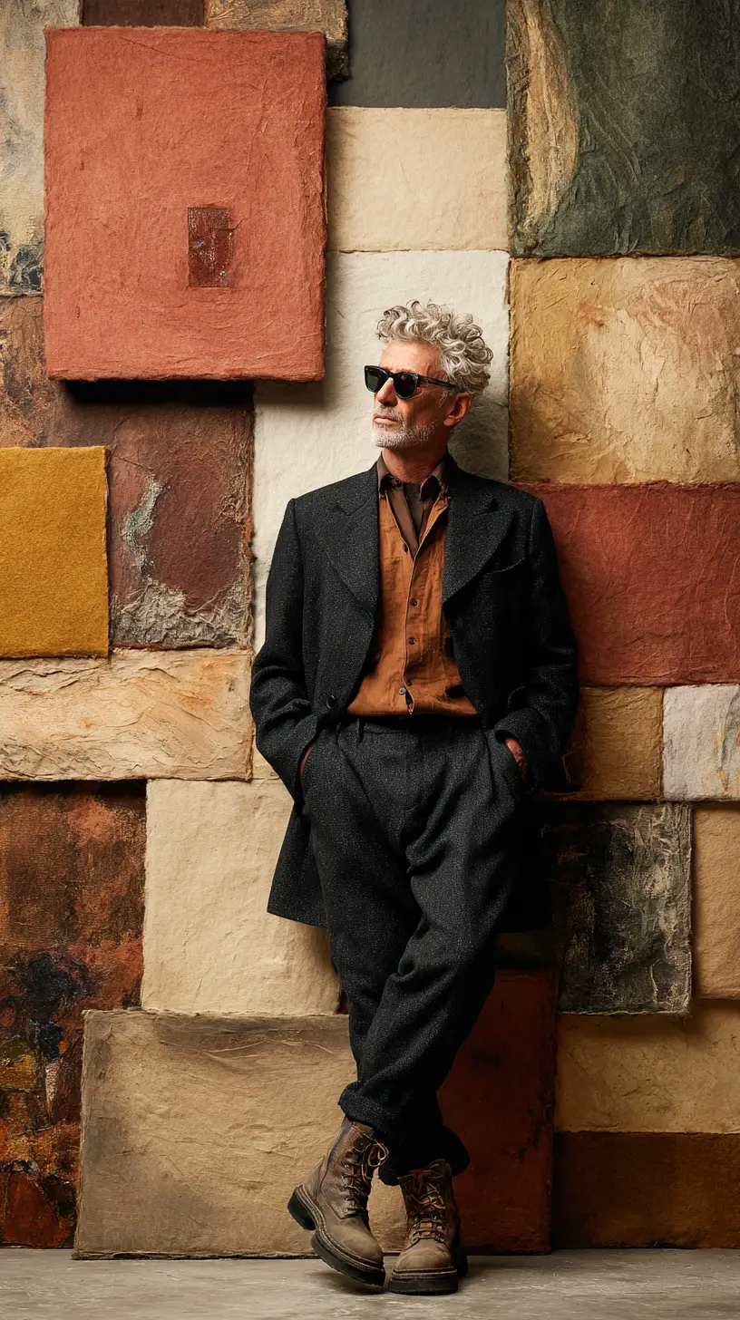 Stylish man in sunglasses against abstract tactile wall