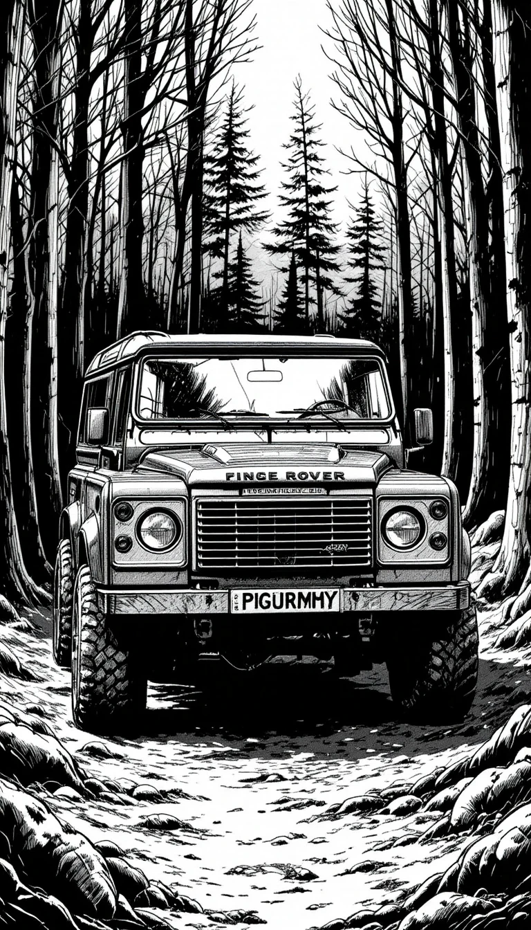 Dibujo a tinta de un robusto SUV de los años 80 en un bosque oscuro