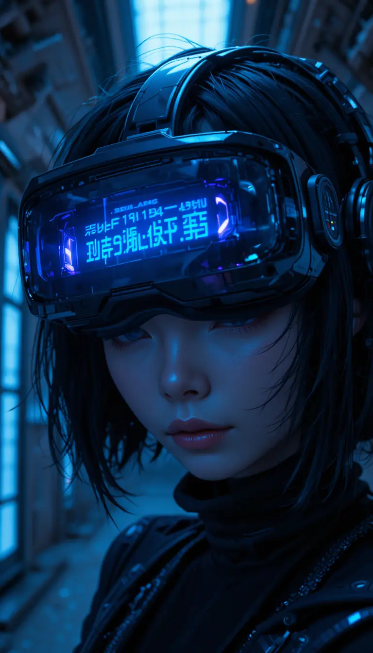 Cyberpunk anime girl with neon vr headset close up