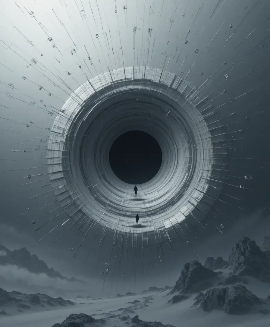 Abstract void with a single dark point in probability fields