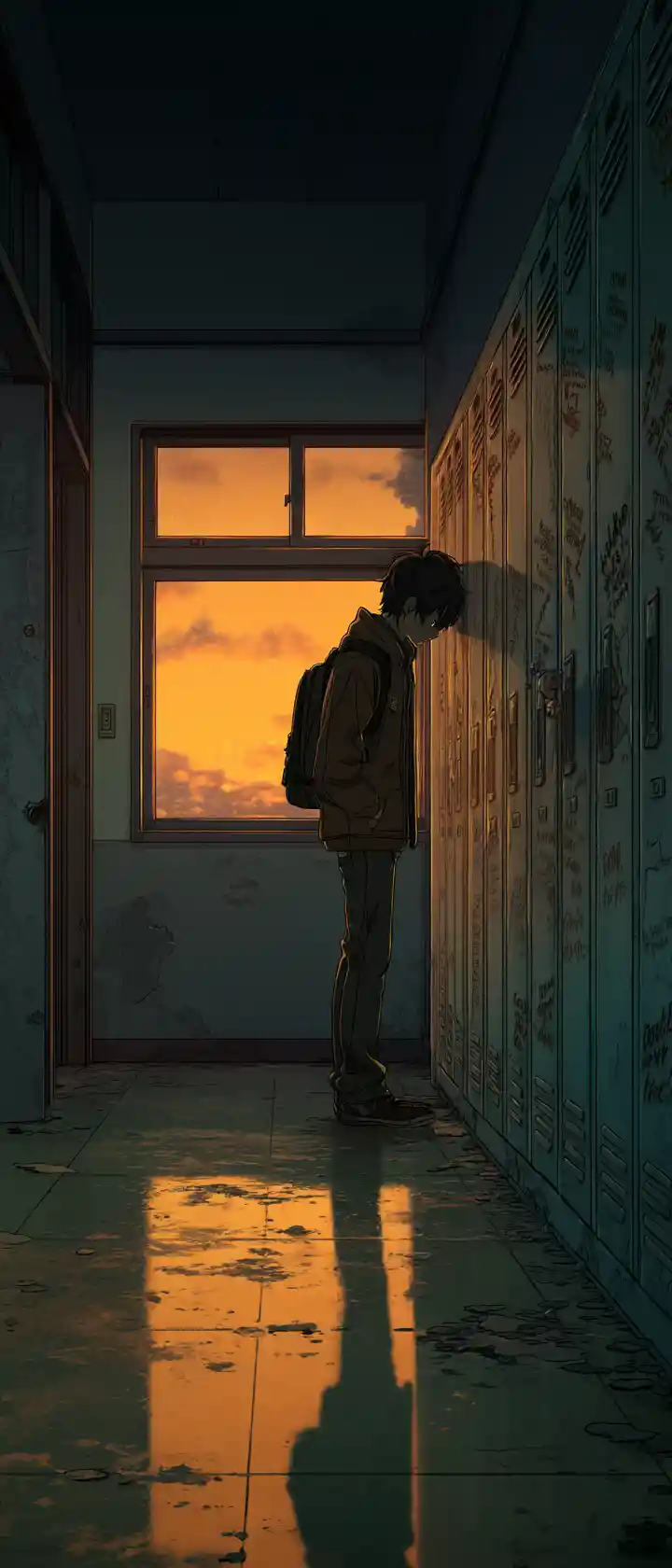 Young man in empty school corridor at dusk in tears
