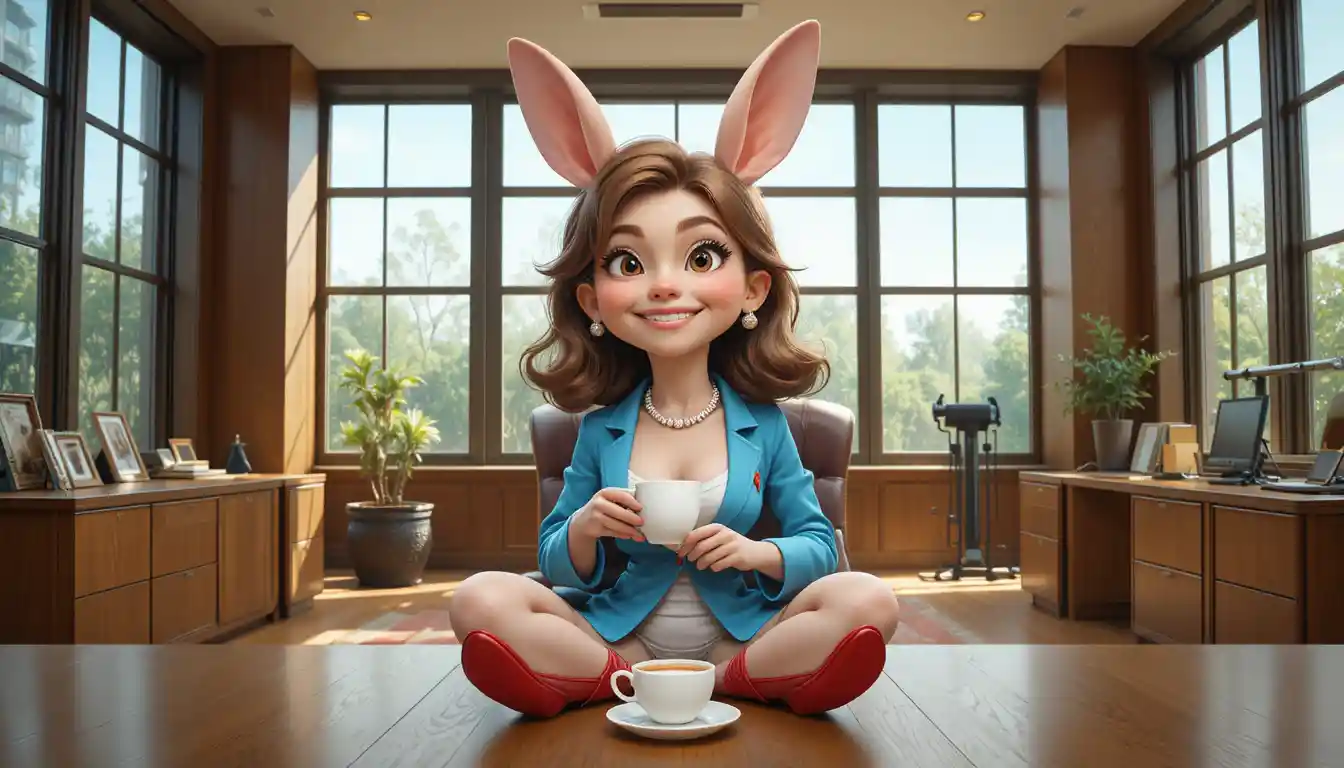 Cute beige rabbit in pajamas sipping warm morning tea