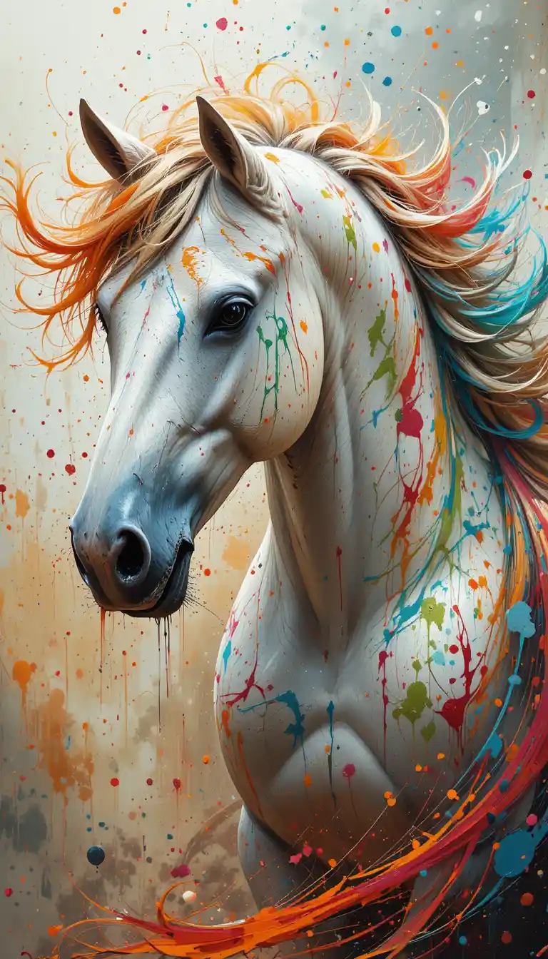 Color splattered white horse with vibrant abstract background
