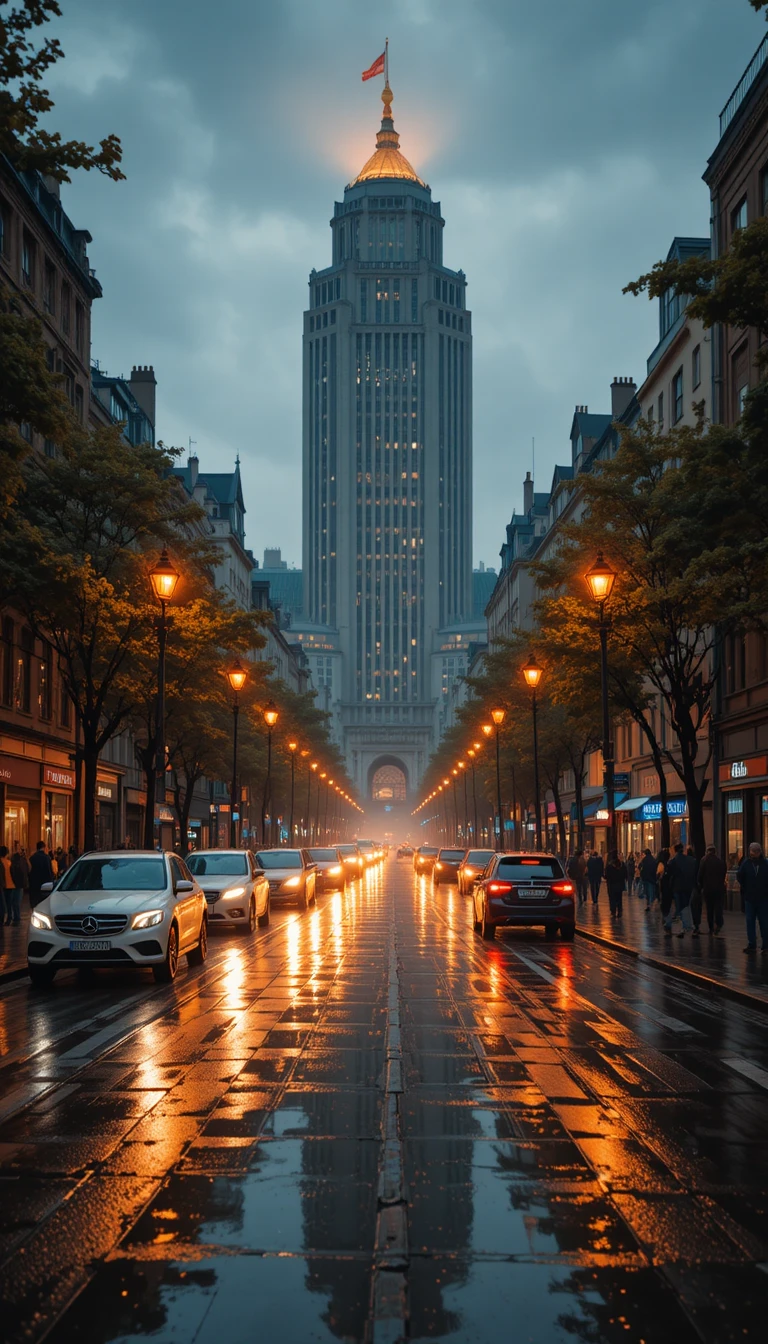 Calle de ciudad lluviosa al atardecer con luces cálidas y brillantes