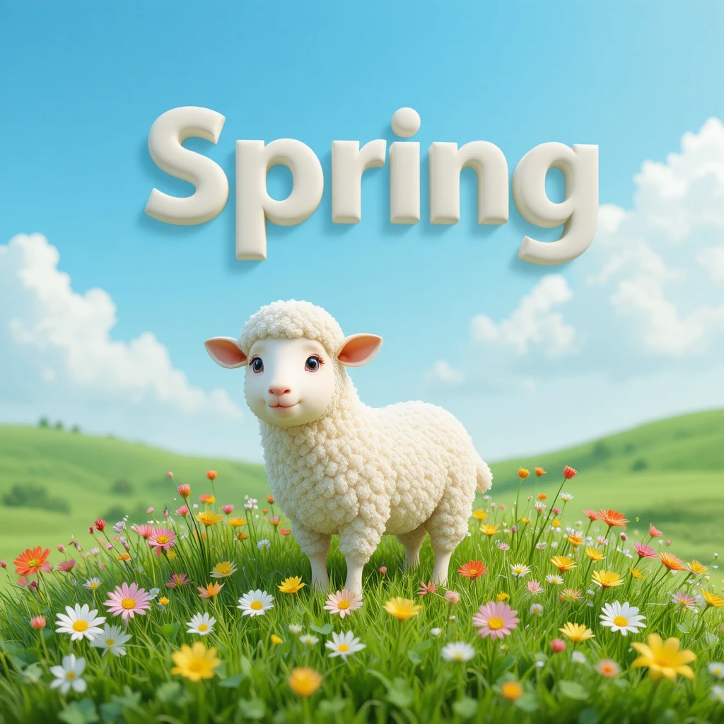 Oveja 3D adorable en un prado de primavera con tipografía en negrita