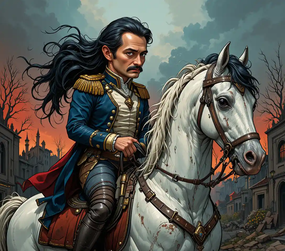 Napoleone su un cavallo bianco in una drammatica scena militare