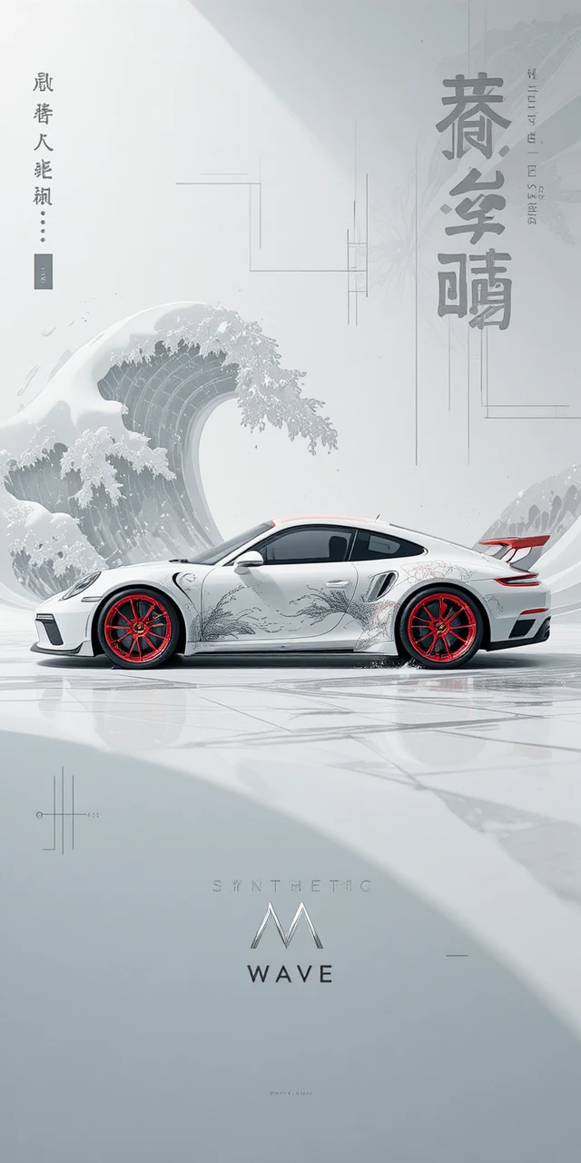 Coche deportivo blanco futurista en un paisaje de olas sintéticas