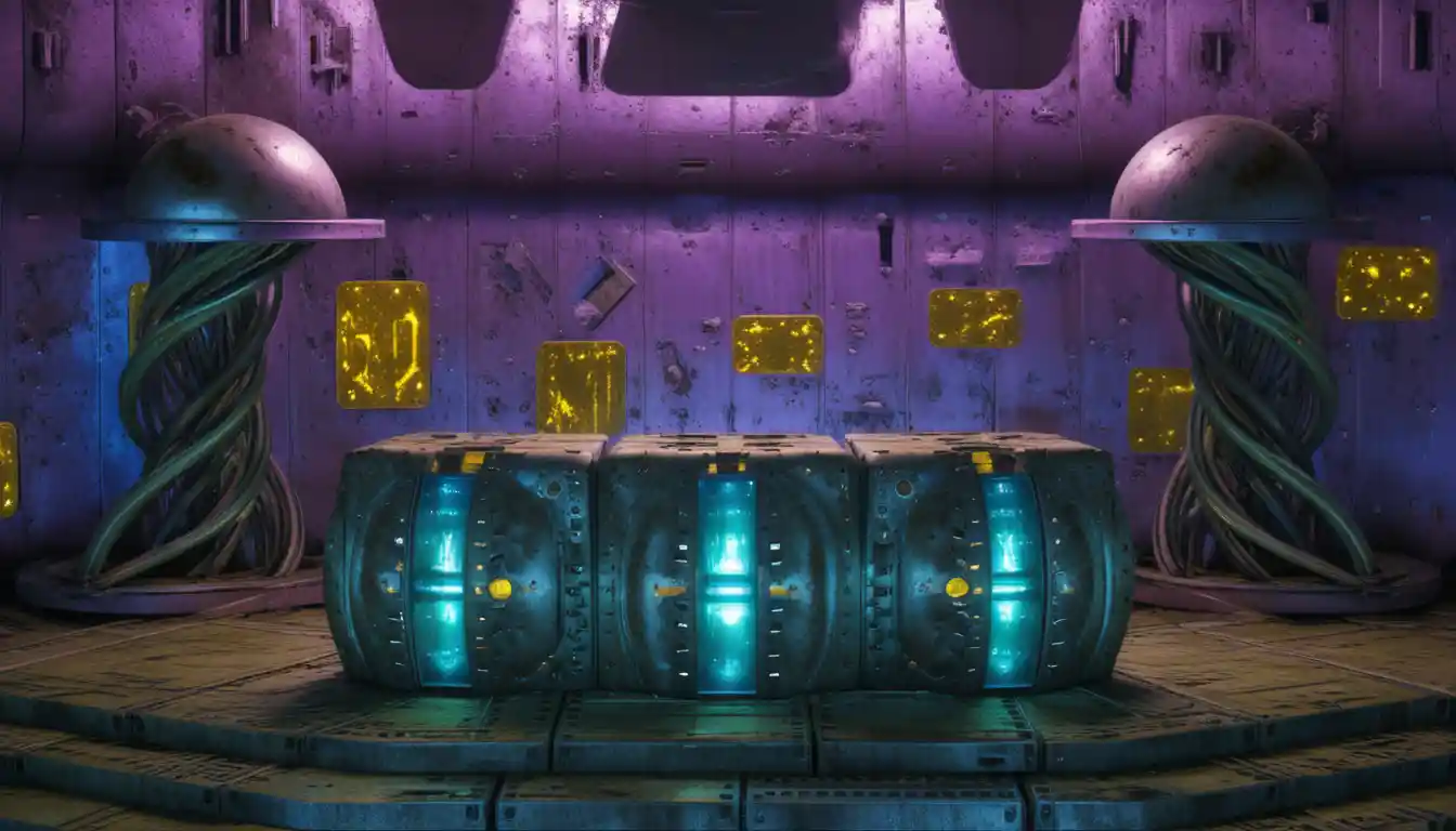 Stanza sci‑fi simmetrica con sfere luminose e tavolo di metallo