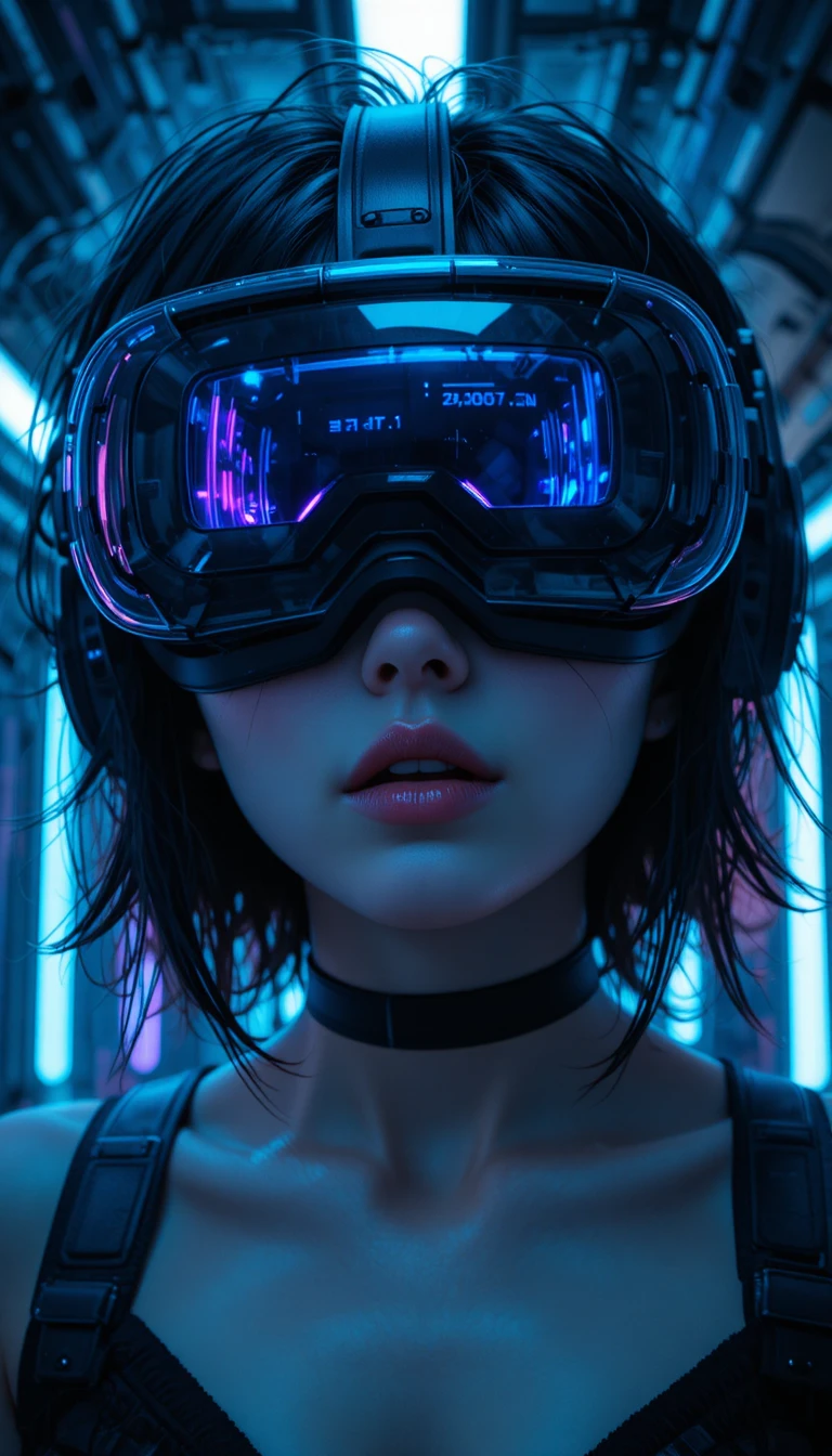 Cyberpunk anime girl in neon vr headset close up