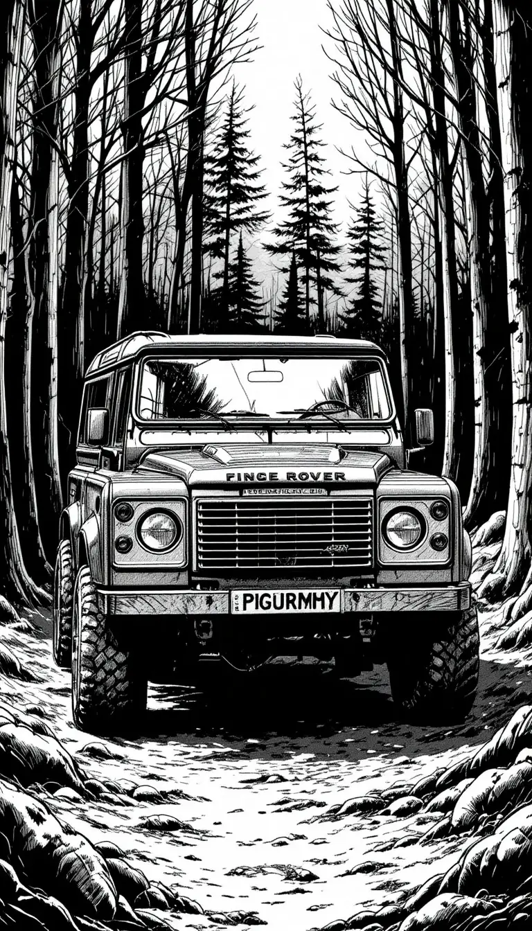Ink drawing of a rugged 1980s suv in a dark forest