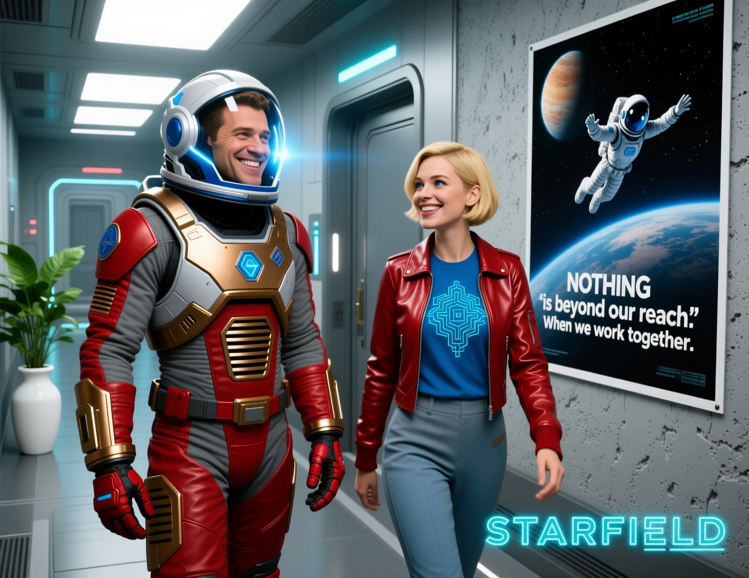 Astronauta Sorridente e Mulher em Corredor Futurista Interior