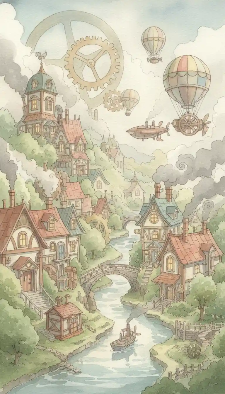 Misty steampunk village in soft watercolor illustration