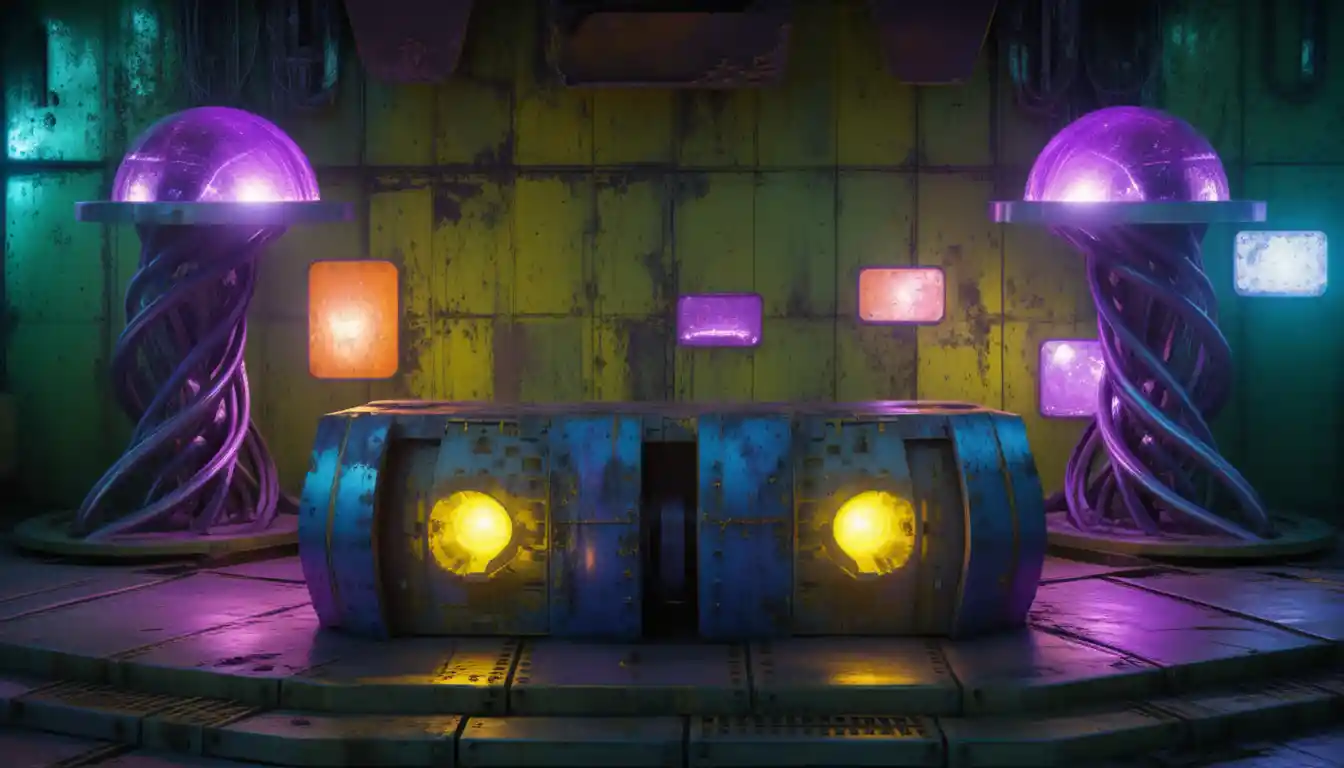 Interno Futuristico Sci‑Fi con Tavolo Centrale Metallico Luminoso