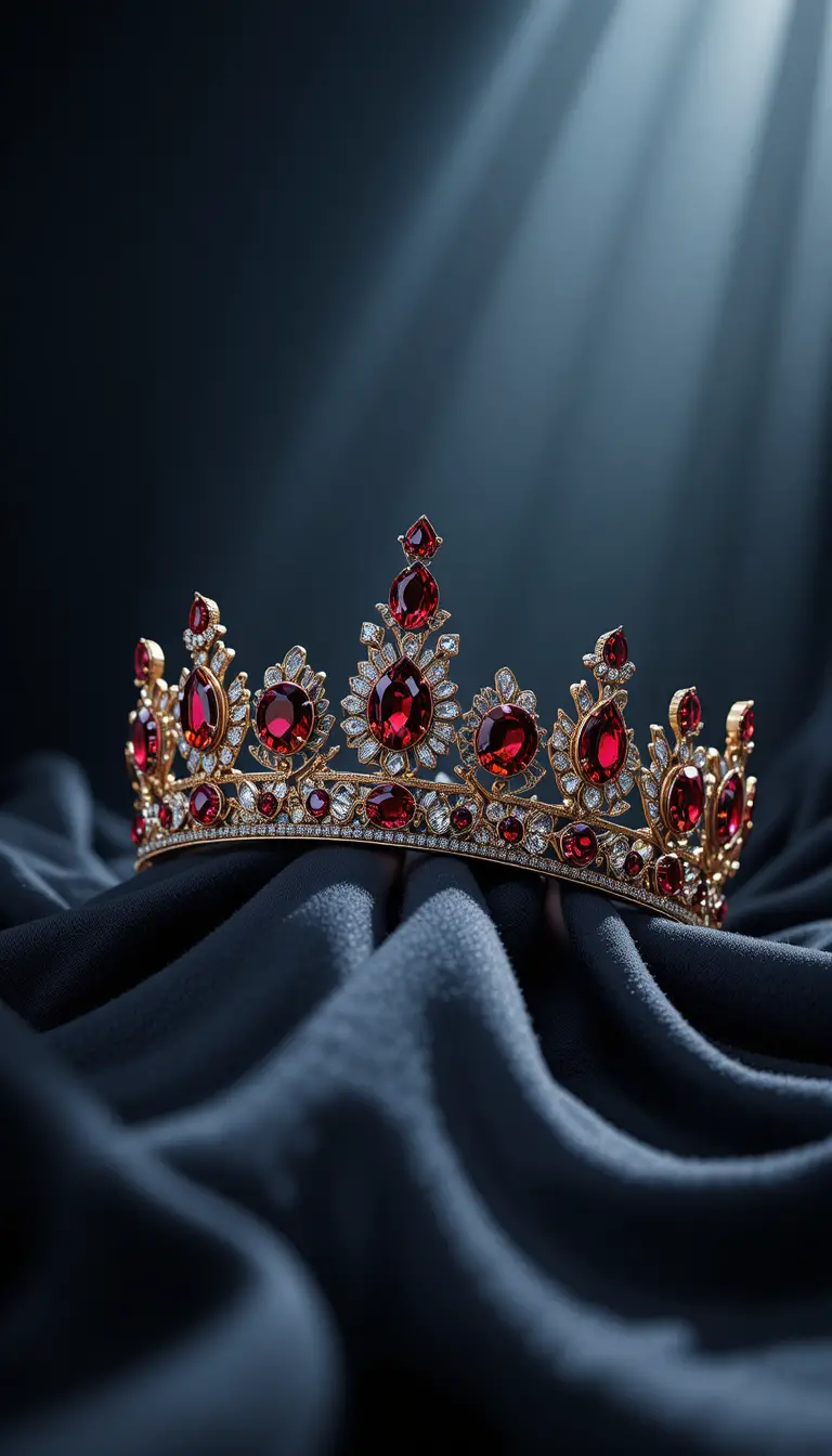 Ruby gemstone crown on dark silk with soft spotlight