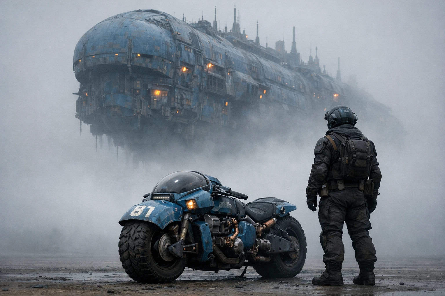 Foggy blue spaceship towering above a lone futuristic motorcycle