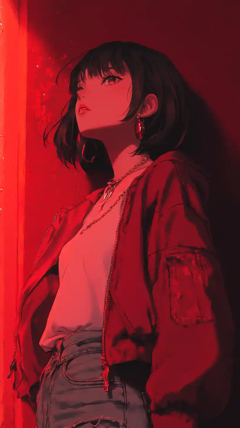 Anime girl in red jacket gazing upward in crimson light