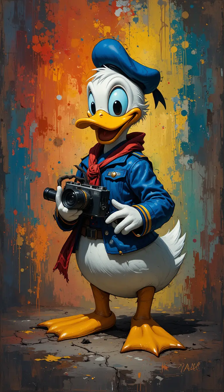 Cartoon duck with camera in bold abstract colors
