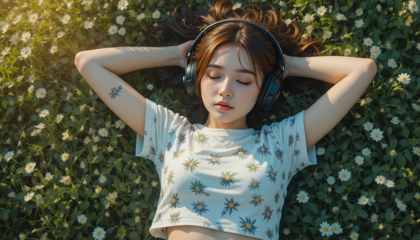 Girl With Headphones Resting In Sunlit Wildflower Grass