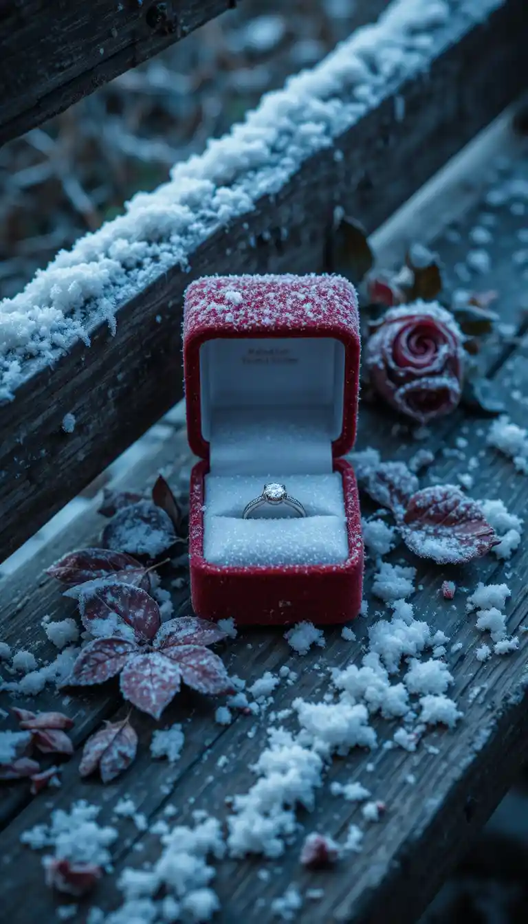 Anello di fidanzamento ghiacciato su panchina di legno brinata in inverno