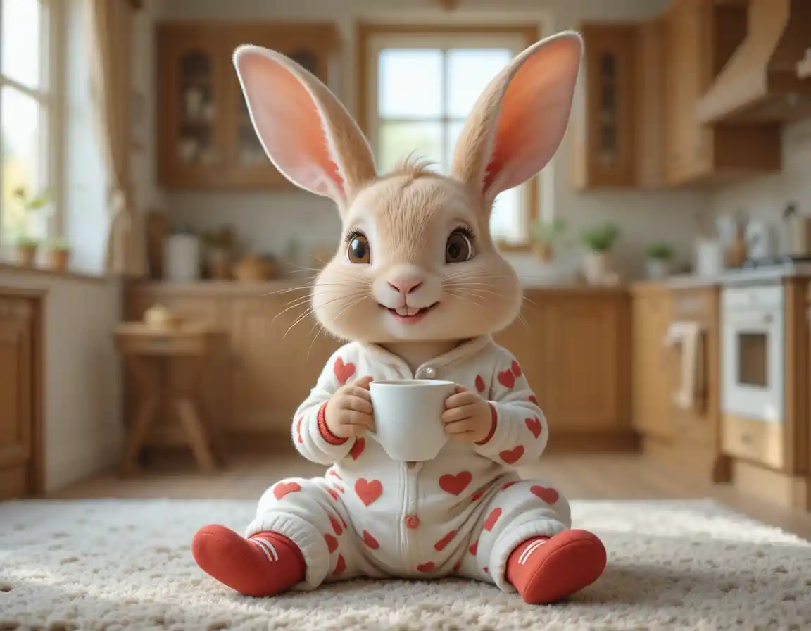 Cute rabbit in heart pajamas relaxing in a warm kitchen