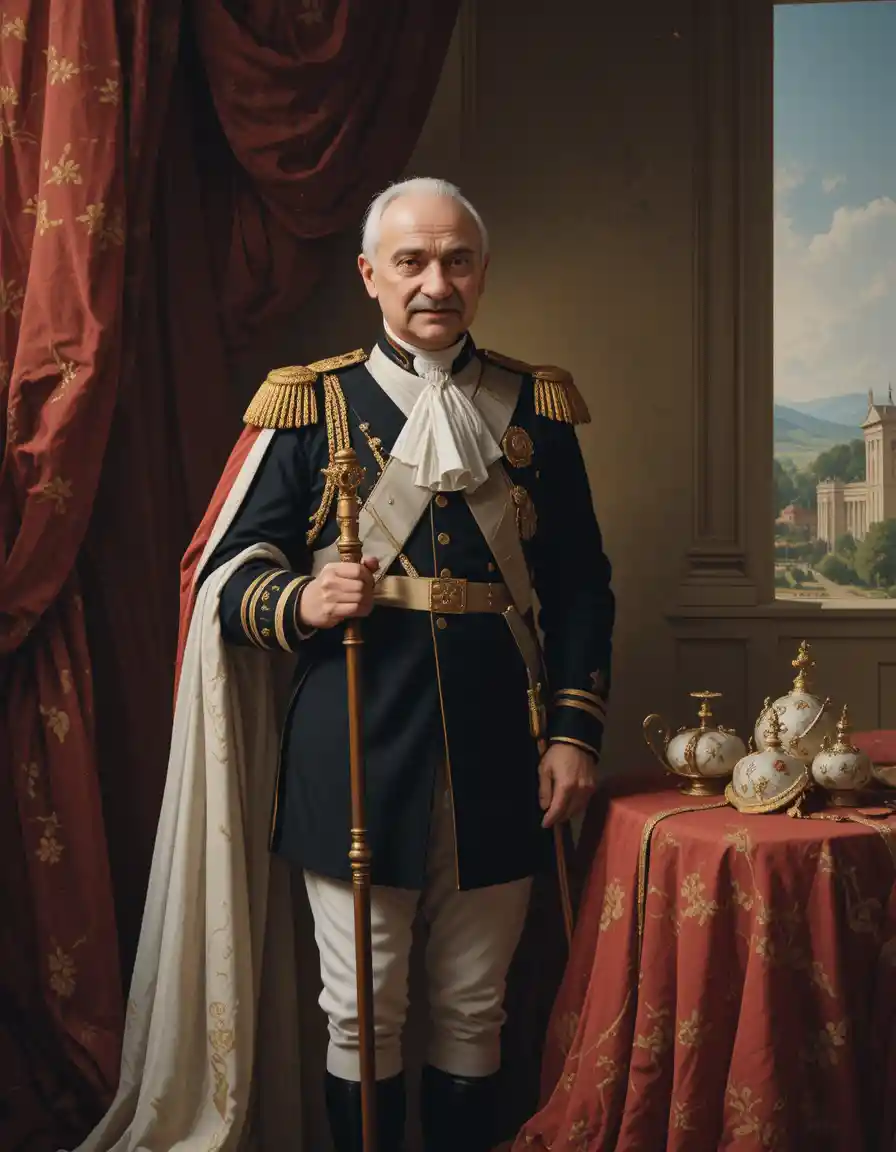 Ritratto di nobile europeo in uniforme militare completa