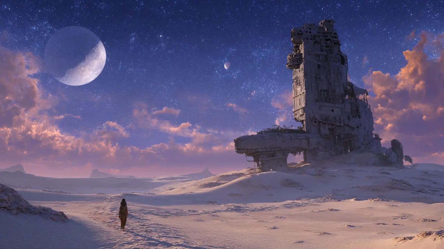 Gnome Watching Derelict Spaceship In Alien Desert Night