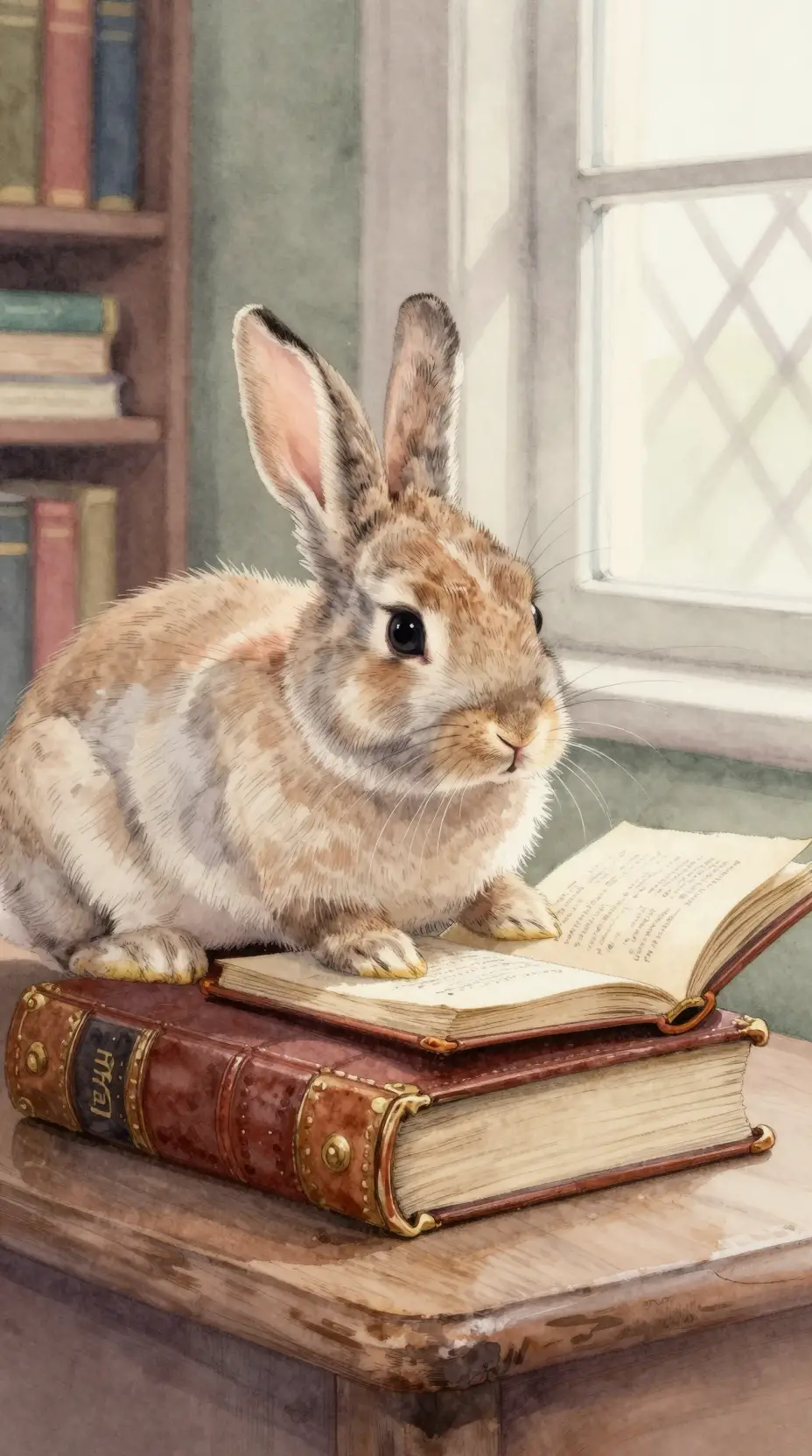 Watercolor rabbit portrait reading in a quiet library