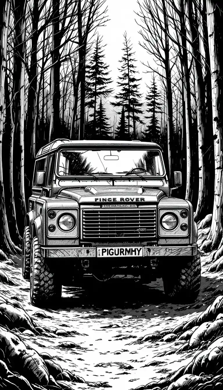 Disegno a inchiostro di un robusto SUV anni ’80 in una foresta oscura