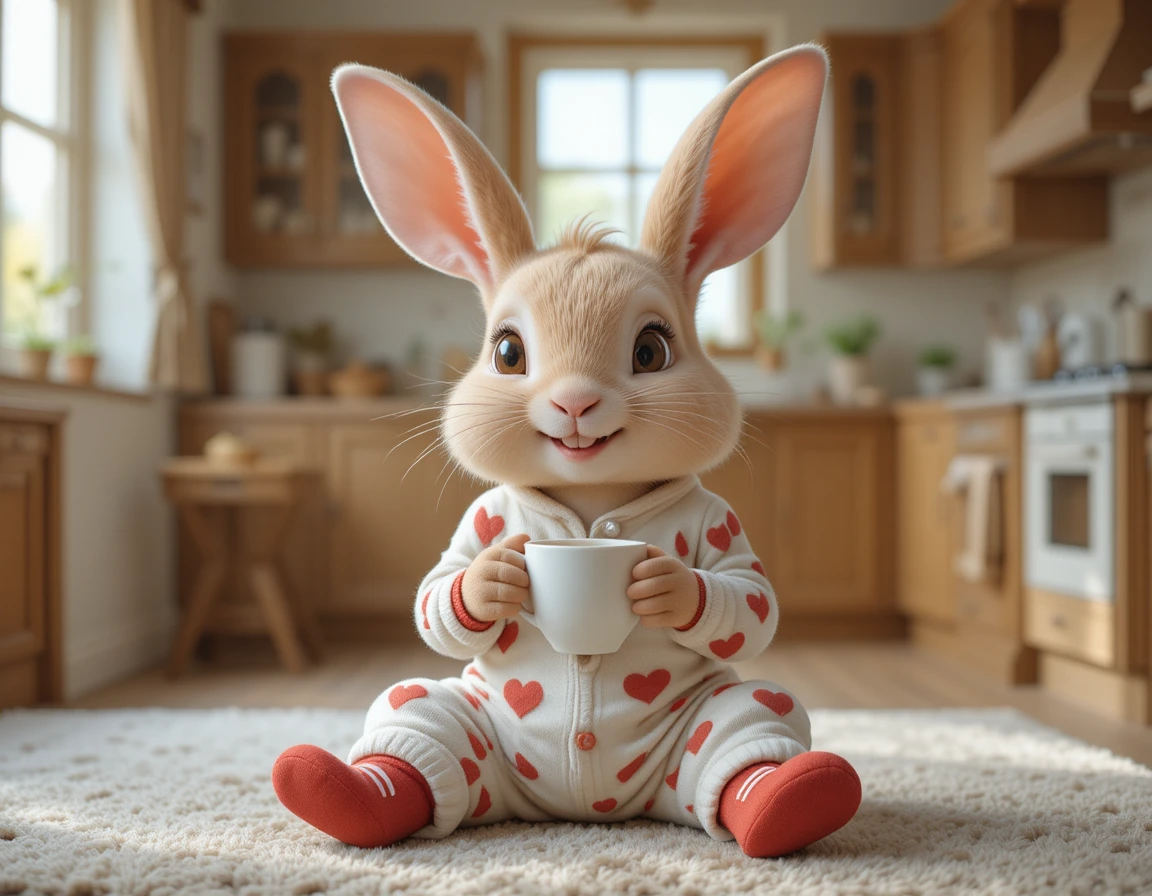 Cute rabbit in heart pajamas relaxing in a warm kitchen
