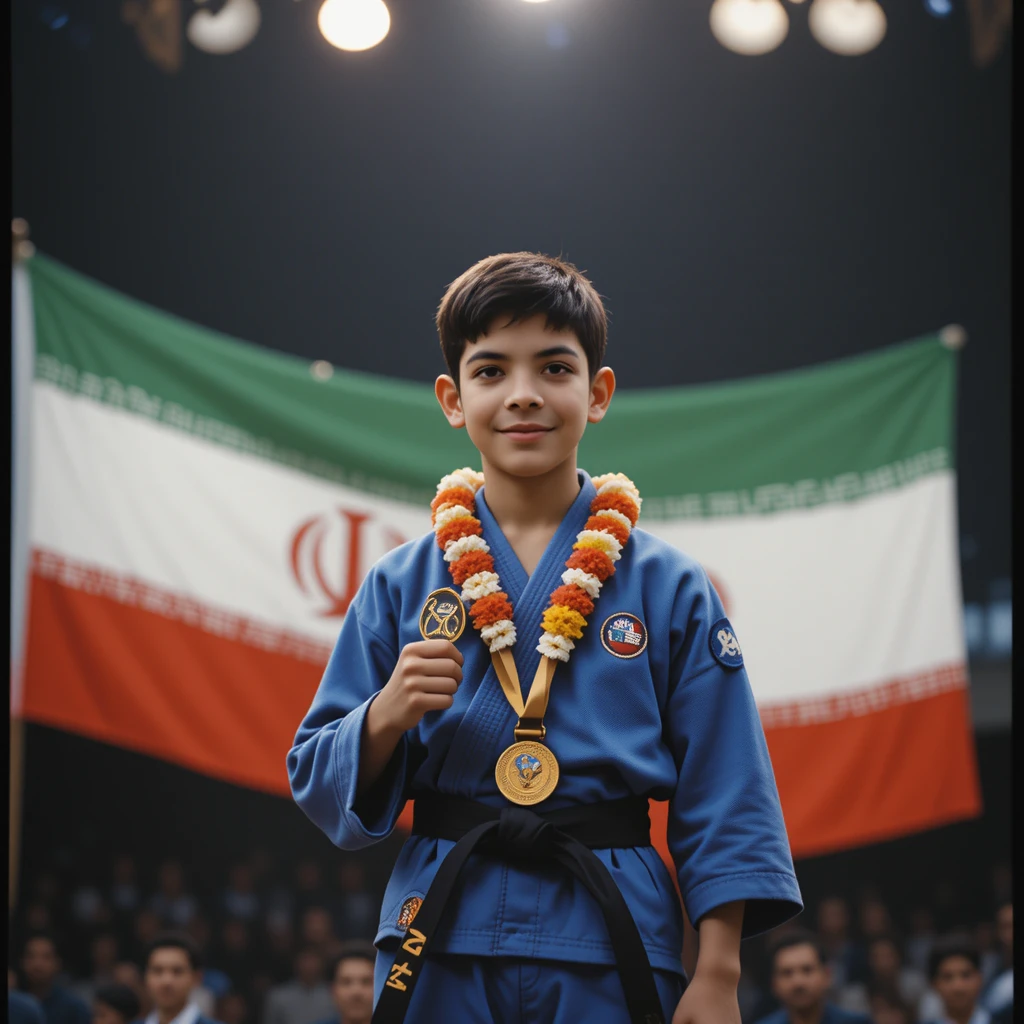 Joven campeón de judo con medalla en el podio de ganadores