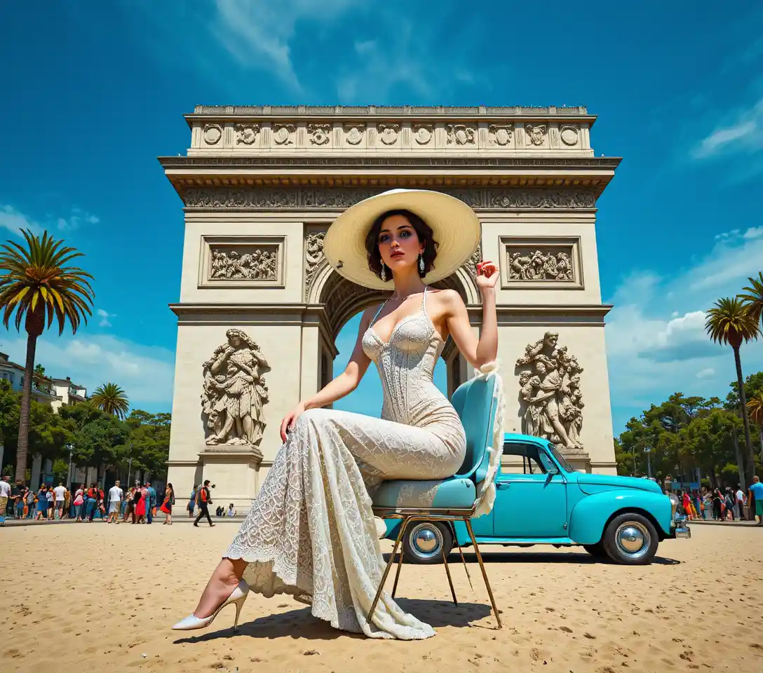 Elegant woman posing before the Arc de Triomphe monument