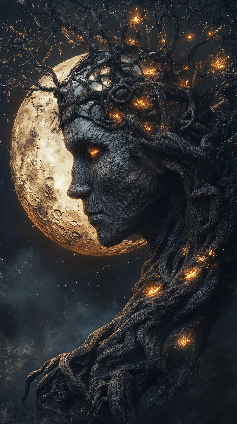 Surreal crescent moon tree of life in a dark sky