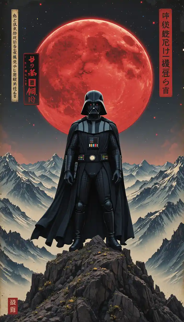 Armored warrior on mountain peak before a massive red moon