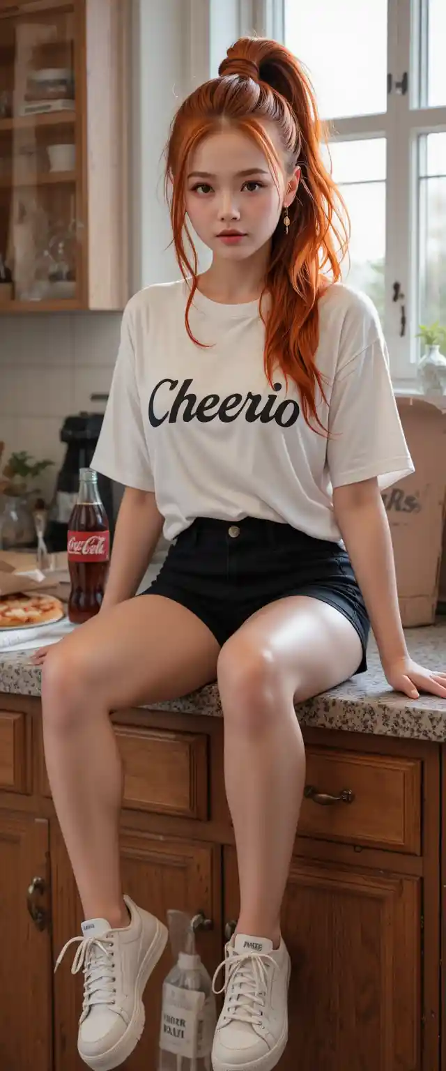 Red haired girl sitting on a casual kitchen counter