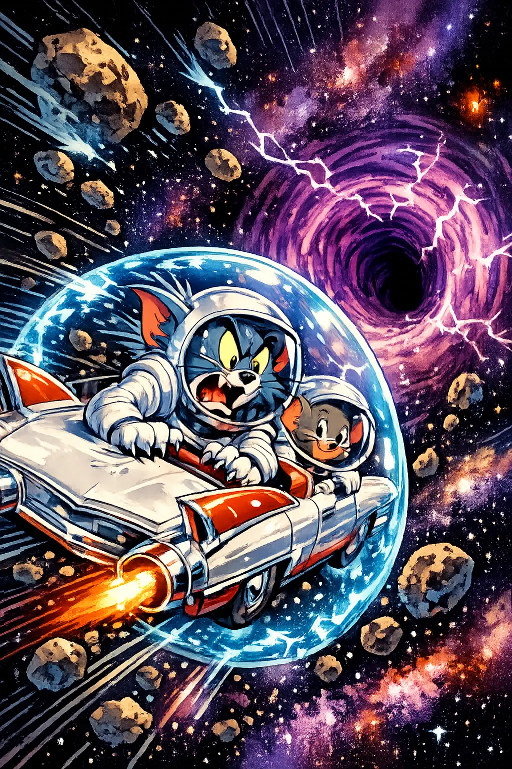 Cartoon cat and mouse racing through outer space chaos