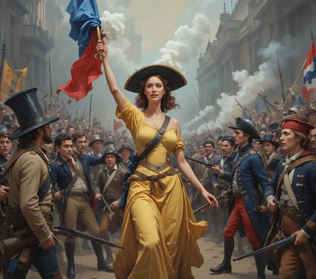 Donna allegorica della libertà guida i combattenti nella rivolta francese